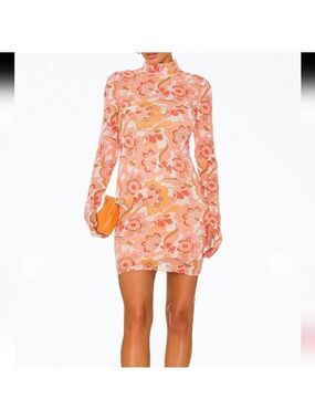*AFRM Mari Floral Power Mesh Turtleneck Mini Dress Pink Orange Stretch Mesh - M